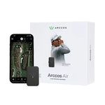 Arccos Air game tracking wearable shown with its retail box, a smartphone displaying a golf course map and tracking overlay, and the Arccos Air tracking device on a clean white background.