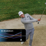Golfer in a sand trap with 'SG Breakdown' graphic overlay which can be seen in the Arccos App