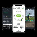 Three smartphone screens displaying a golf training app with different features.