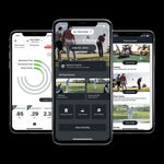 Three smartphone screens displaying a golf training app with different features.