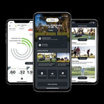 Three smartphone screens displaying a golf app with different features on a black background