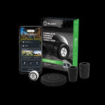 Blast Golf Complete Swing & Strike Analyzer with app on smartphone and golf accessories on a black background