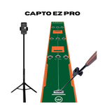 Golf practice mat with stand and golf club on a white background, featuring 'Capto EZ Pro' branding.