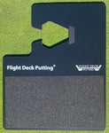 Flight Deck Putting BASE mat without alignment guide inserted, showing the cut-out slot, branded surface, and full textured foot grip area