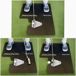 Three-panel sequence showing a golfer using the Flight Deck Putting mat and alignment guide at address, backswing, and follow-through positions
