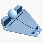 A blue putting impact trainer with a white ball positioned just behind the blue impact pads, designed for training putting alignment.