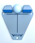 Front-facing product shot of the Flight Deck Putting Tour Soft guide on a white background with a golf ball centred in the gate between the two blue impact blocks