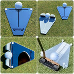 Four-panel composite showing the Flight Deck Putting Tour Soft Kit from multiple angles including flat lay, side profile, golfer eye-line view, and a PING putter approaching the ball gate