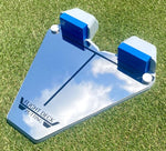 Flight Deck Putting Tour Soft Kit alignment guide on grass viewed from behind, showing both blue gate blocks and the full mirrored surface with alignment lines