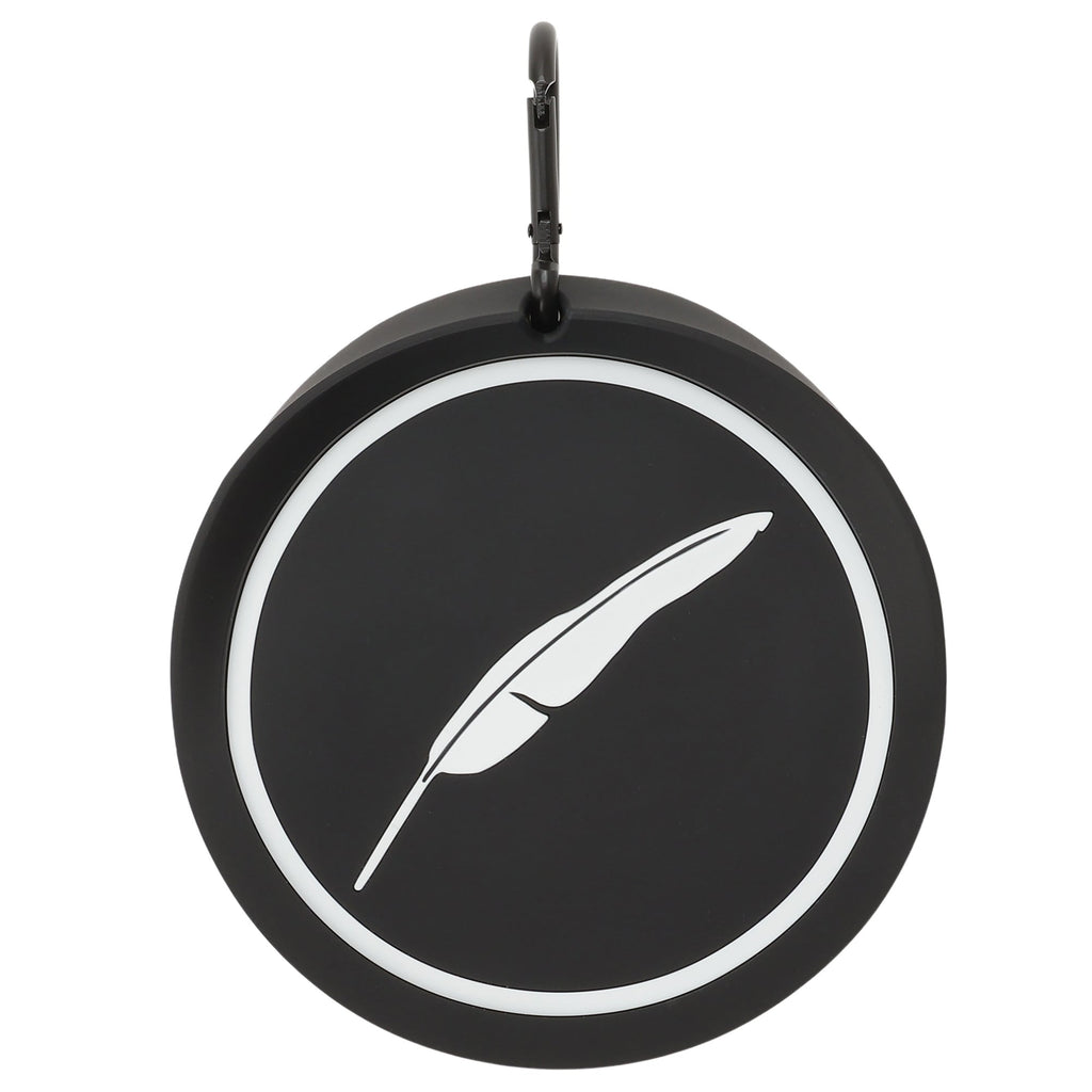 A black circular golf bag tag with a white feather design in the center, featuring a carabiner attachment.