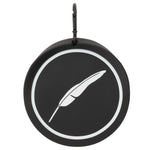 A black circular golf bag tag with a white feather design in the center, featuring a carabiner attachment.