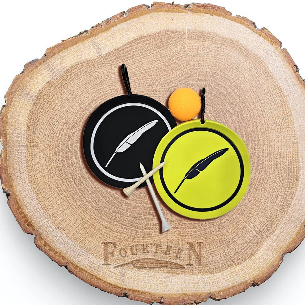 Fourteen bag tags on a wooden background