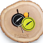 Fourteen bag tags on a wooden background