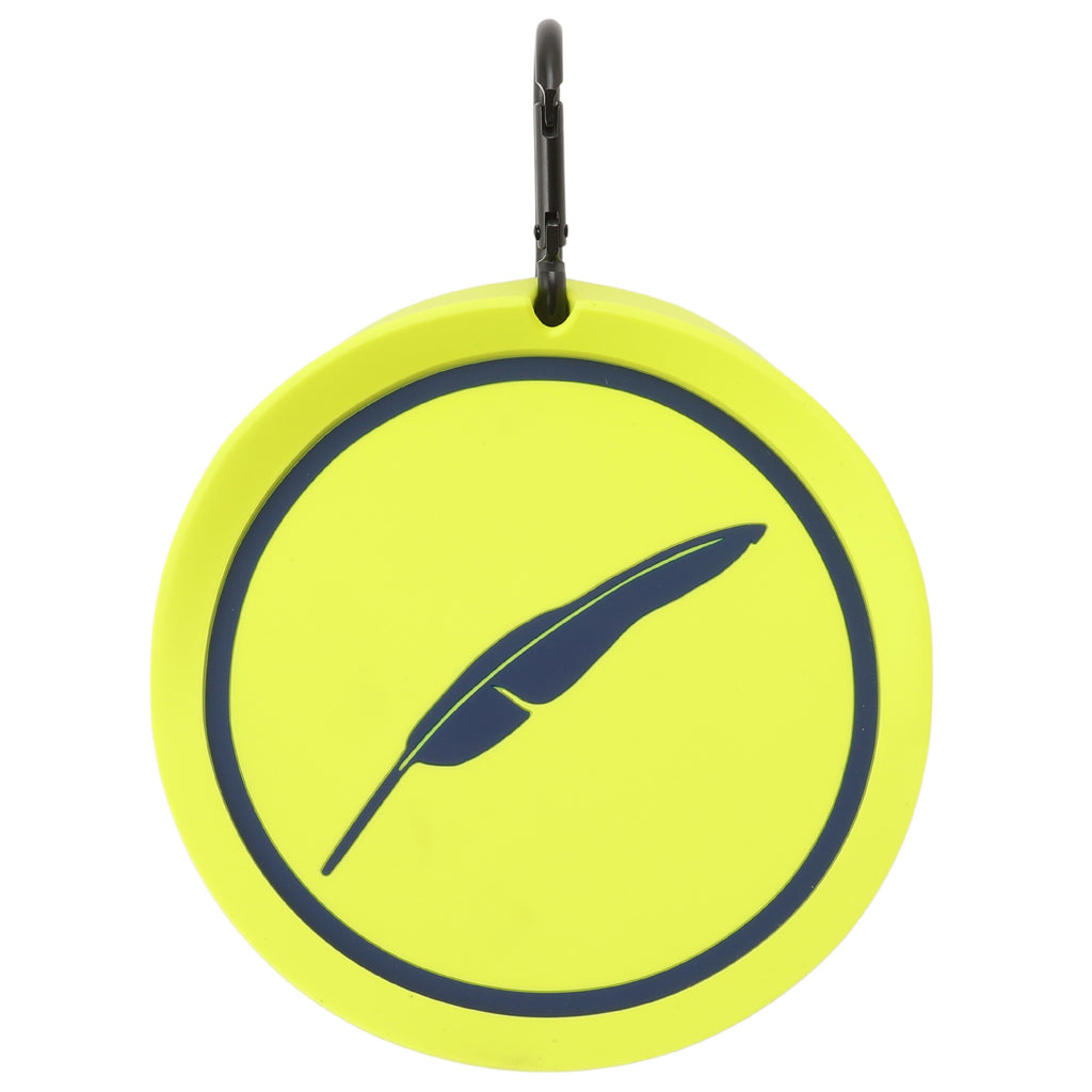 A lime green golf bag tag with a black circular center featuring an illustration of a peacock feather.