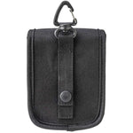Back side if the black rangefinder case showcasing the carabiner