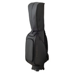 Side profile of the Fourteen Golf caddie bag in all-black finish on white background showing the hood, pocket layout, and Fourteen branding