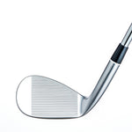 Fourteen DJ-6 chrome satin wedge face and hosel view showing polished chrome head with milled horizontal grooves, wide rounded sole profile, clean leading edge, and steel shaft with dark ferrule on white background