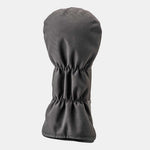 Fourteen Golf black driver headcover rear view showing textured nylon body, dual elasticated neck gathers, black PU leather base trim and piping, displayed on light grey background