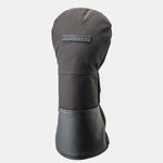 A black golf driver headcover with the brand 'FOURTEEN' written on it, featuring leather-like cuts at the bottom.