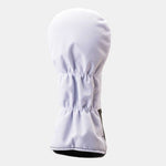 Fourteen Golf white driver headcover rear view showing textured nylon body, dual elasticated neck gathers, black PU leather base trim and piping, displayed on light grey background