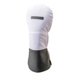 A white golf driver headcover with black detailing at the bottom, featuring the brand name 'FOURTEEN' on the front.