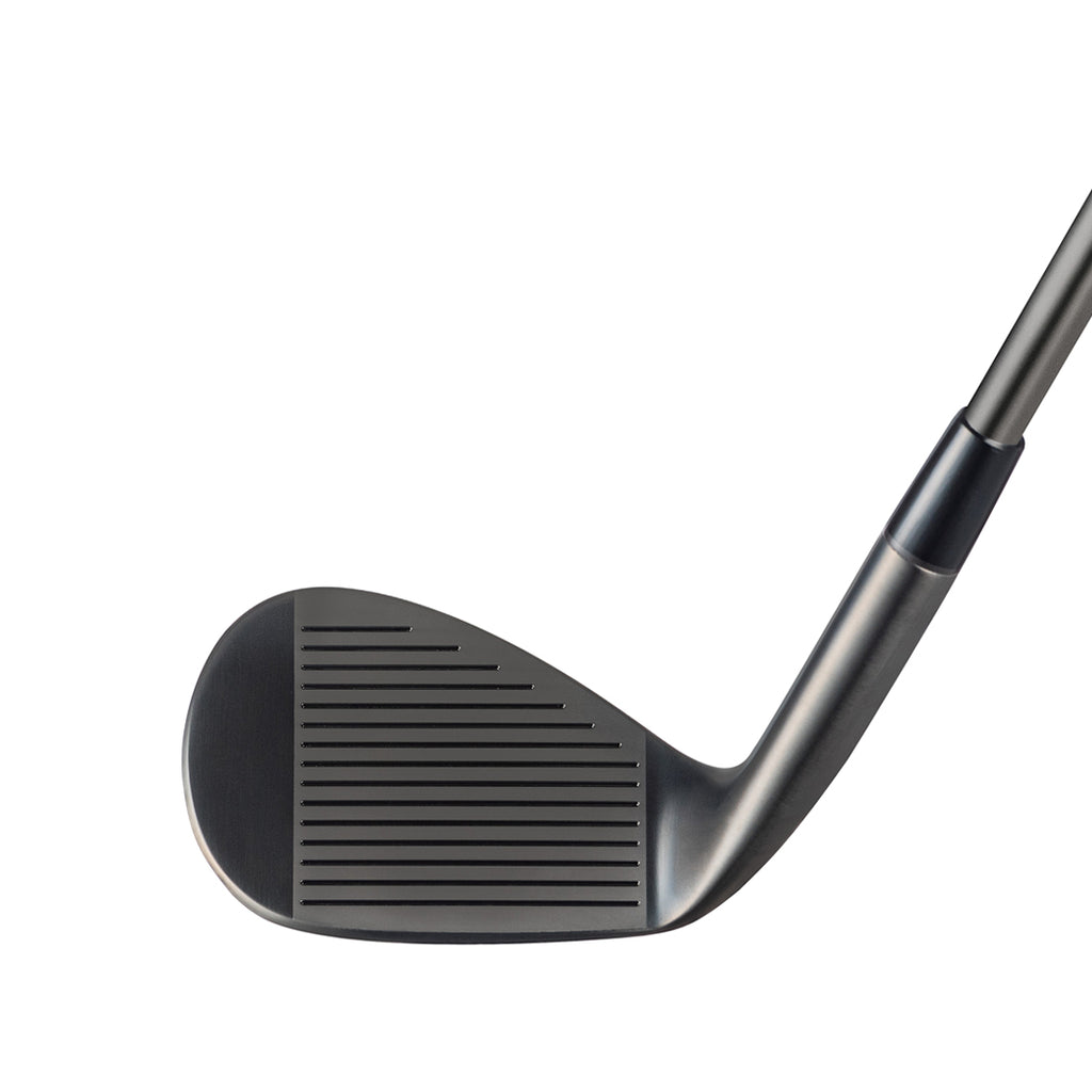 Angled close-up of the Fourteen FR-5 Diamond Black Satin Wedge face and hosel on white background, highlighting the precision milled grooves and dark finish detail