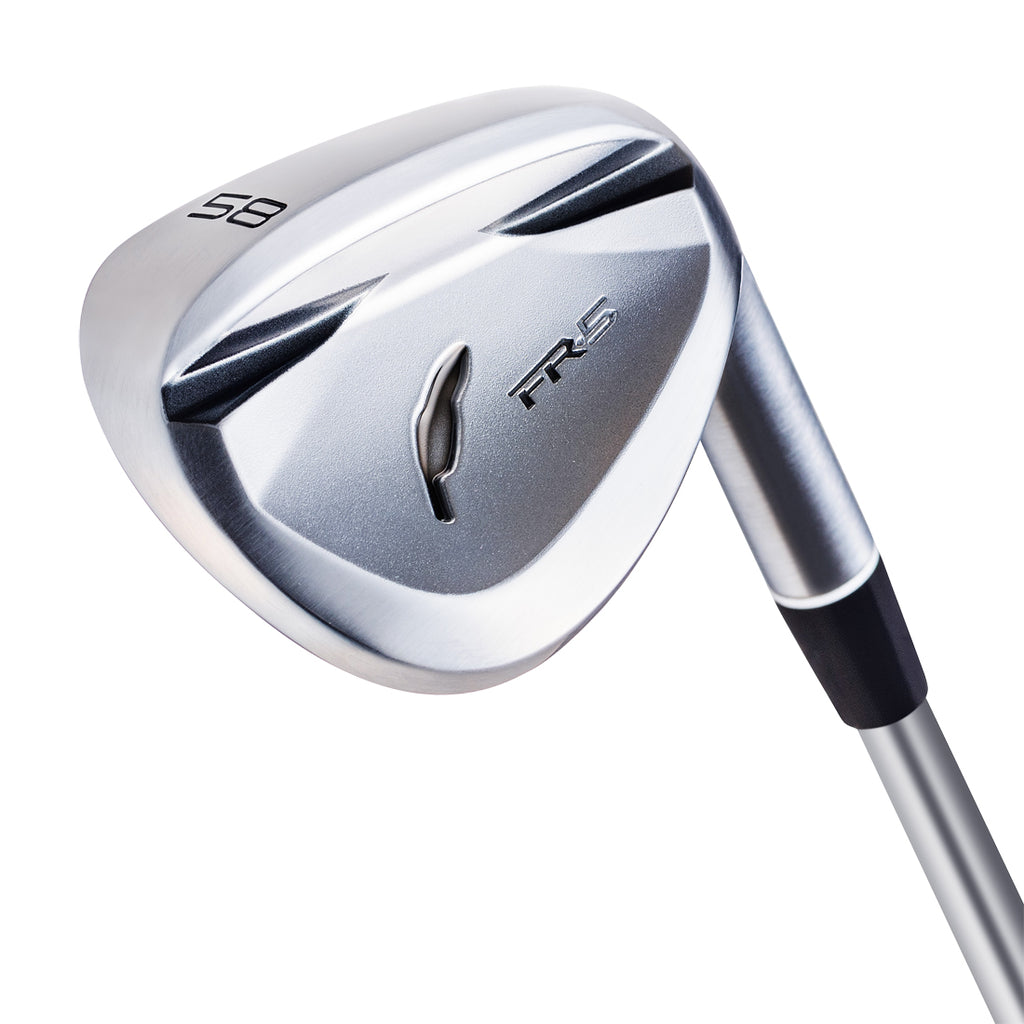 A Fourteen FR-5 Diamond Black Satin Wedge golf club with a metallic silver head, black grip, and a gooseneck shaft.