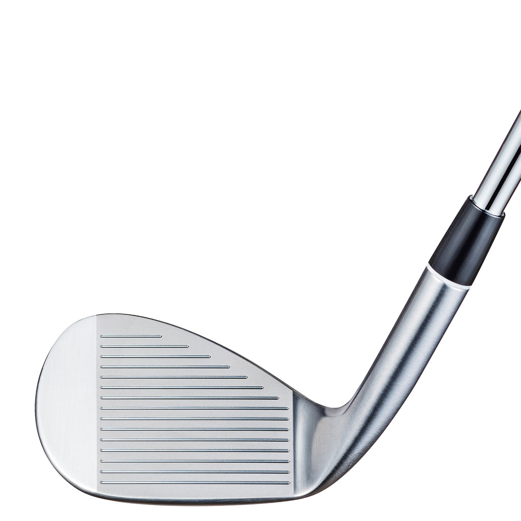 Angled close-up of the Fourteen FR-5 Pearl Chrome Satin Wedge face and hosel on white background, showing precision milled grooves and polished chrome finish