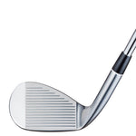 Angled close-up of the Fourteen FR-5 Pearl Chrome Satin Wedge face and hosel on white background, showing precision milled grooves and polished chrome finish