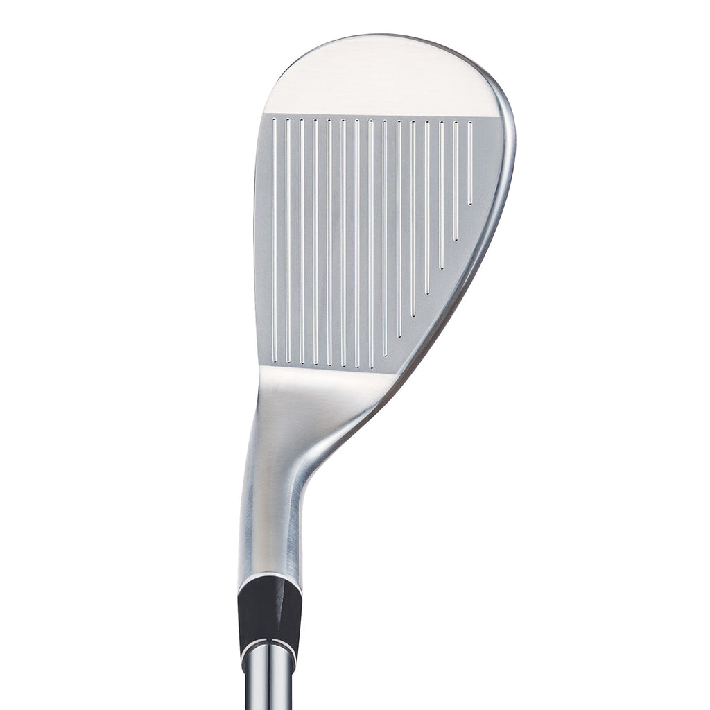 Face-on product shot of the Fourteen FR-5 Pearl Chrome Satin Wedge on white background displaying the full grooved face and dual-tone chrome satin finish