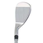 Face-on product shot of the Fourteen FR-5 Pearl Chrome Satin Wedge on white background displaying the full grooved face and dual-tone chrome satin finish