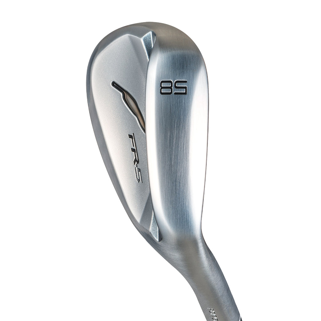 Fourteen FR-5 Pearl Chrome Satin Wedge back cavity view on white background showing the FR-5 model engraving, 58-degree loft stamp, and brushed chrome finish on the rear of the clubhead