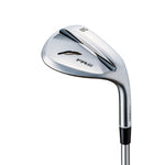 A Forged chrome satin wedge golf club with a black grip and silver head.