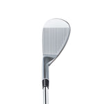 Fourteen FRZ pearl chrome satin wedge front face view showing precise vertical milled grooves across full brushed gunmetal head with compact blade profile, on white background