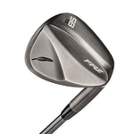 Fourteen FRZ smoky black wedge back cavity view showing dual-tone brushed gunmetal finish, diagonal face milling zone, feather logo, FRZ branding, and 58S loft marking, on white background