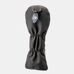 Fourteen Golf black fairway headcover with ballistic nylon body, elasticated neck, PU leather base trim, and interchangeable black shield tag showing embroidered 3 number, displayed on light grey background