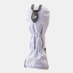 Fourteen Golf white fairway headcover with ballistic nylon body, elasticated neck, PU leather base trim, and interchangeable black shield tag showing embroidered 3 number, displayed on light grey background