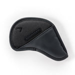 Fourteen Golf black iron head cover featuring textured fabric panel with embossed logo and smooth PU leather accent, single cover displayed flat on white background
