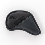 A set of black golf iron covers with the Fourteen logo on them, arranged in rows on a white background.