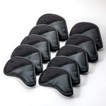 A set of black golf iron covers with the Fourteen logo on them, arranged in rows on a white background.