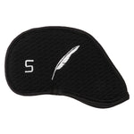 Fourteen Golf black neoprene iron head cover front view showing honeycomb quilted texture, white embroidered feather logo, and white embroidered number 5 club designation on white background