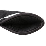 Close-up of Fourteen Golf black neoprene iron head cover bottom opening showing soft fleece interior lining and overlock stitched edge with white embroidery visible on exterior