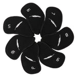 A set of black golf iron covers with different size labels and a velcro closure.