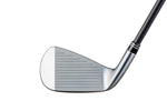Fourteen PC-3 forged iron face and hosel view showing polished chrome head with precisely milled horizontal grooves, clean leading edge, wider sole profile, and dark graphite shaft on white background