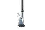 Fourteen PC-3 forged iron sole and hosel view showing polished chrome finish, narrow angular sole with V-shaped relief, dark ferrule with white accent rings, and graphite shaft on white background