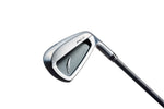 Fourteen PC-3 forged iron back cavity view showing 7 iron head with brushed chrome finish, deep rectangular cavity, PC3 model engraving, feather logo badge, and dark graphite shaft on white background