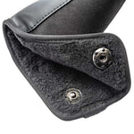 Close-up of Fourteen Golf black putter headcover bottom opening showing soft fleece interior lining and dual metal snap button closure on white background
