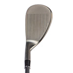 Fourteen RMa Gun Black wedge front face view showing full dark brushed gunmetal blade with vertical milled groove pattern, rounded toe profile, and graphite shaft with dark ferrule on white background