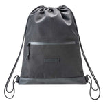 A gray shoe bag with drawstrings and a front zippered pocket, branded with the name 'Fourteen'.