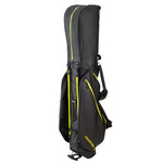 Fourteen Golf stand bag in black and neon yellow colorway with legs retracted, showing full profile with yellow piping accents, FOURTEEN wordmark, front zip pockets, dual strap system, and wheeled base on white background